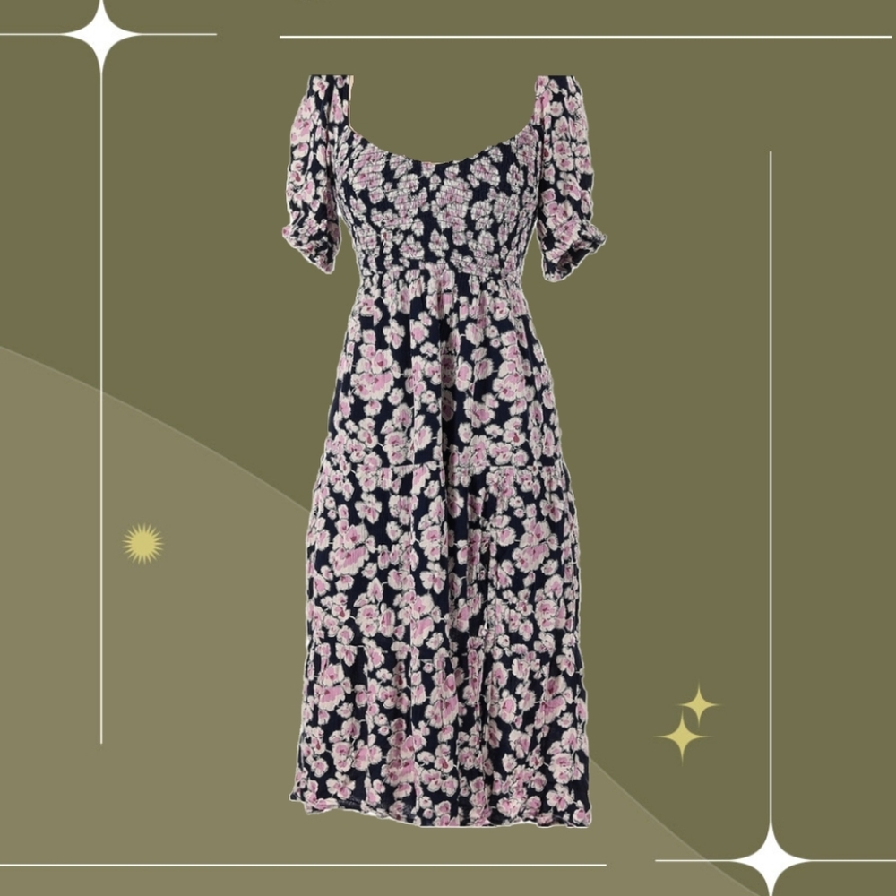 🍋✨ Abercrombie& Fitch Navy and pink smocked floral midi dress. Size small
